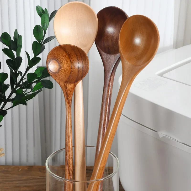 Korean Long Wooden Spoons Natural Coffee Stirring Rod Tea Dessert Spoon Handle Round for Soup Tableware Kitchen Supplies