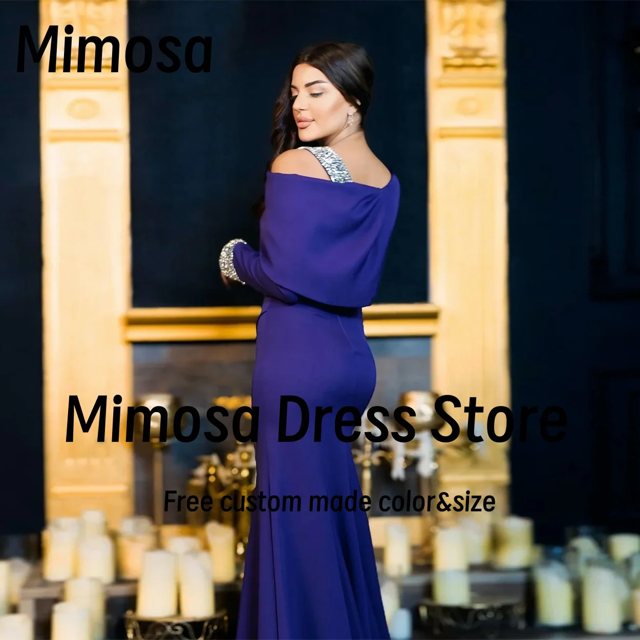 Mimosa Purple Ruched Side Slit Prom Dresses Beaded Long Sleeves Evening Gowns Zipper Back Formal Occasion Dress Customized