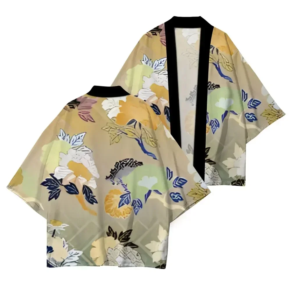 Fashion Unisex Red Sakura Peony Floral Haori Kimono Cardigan 1/2 Sleeve Open Front Yukata Trendy Harajuku Style Streetwear Tops