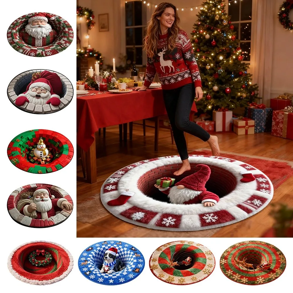 60*60cm Christmas Round Carpet 3D Special-shaped Red Santa Claus Floor Mat Imitation Cashmere Anti-Slip Bedroom Door Mat