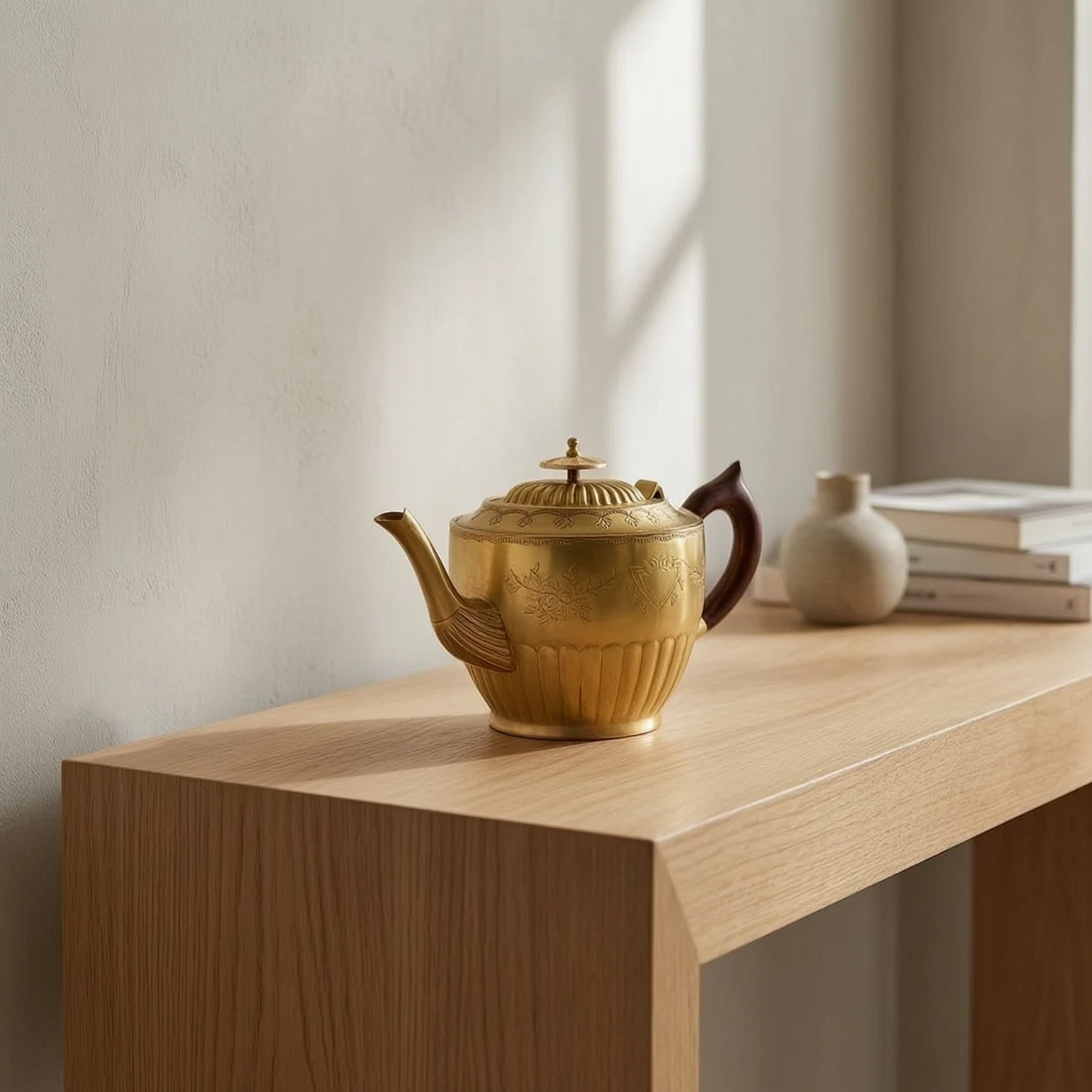 Decorative Teapot Engraved Brass Teapot Tea Pot Ribbed Accent Piece Sturdy for Decorators, Shelf Styling, Living Room