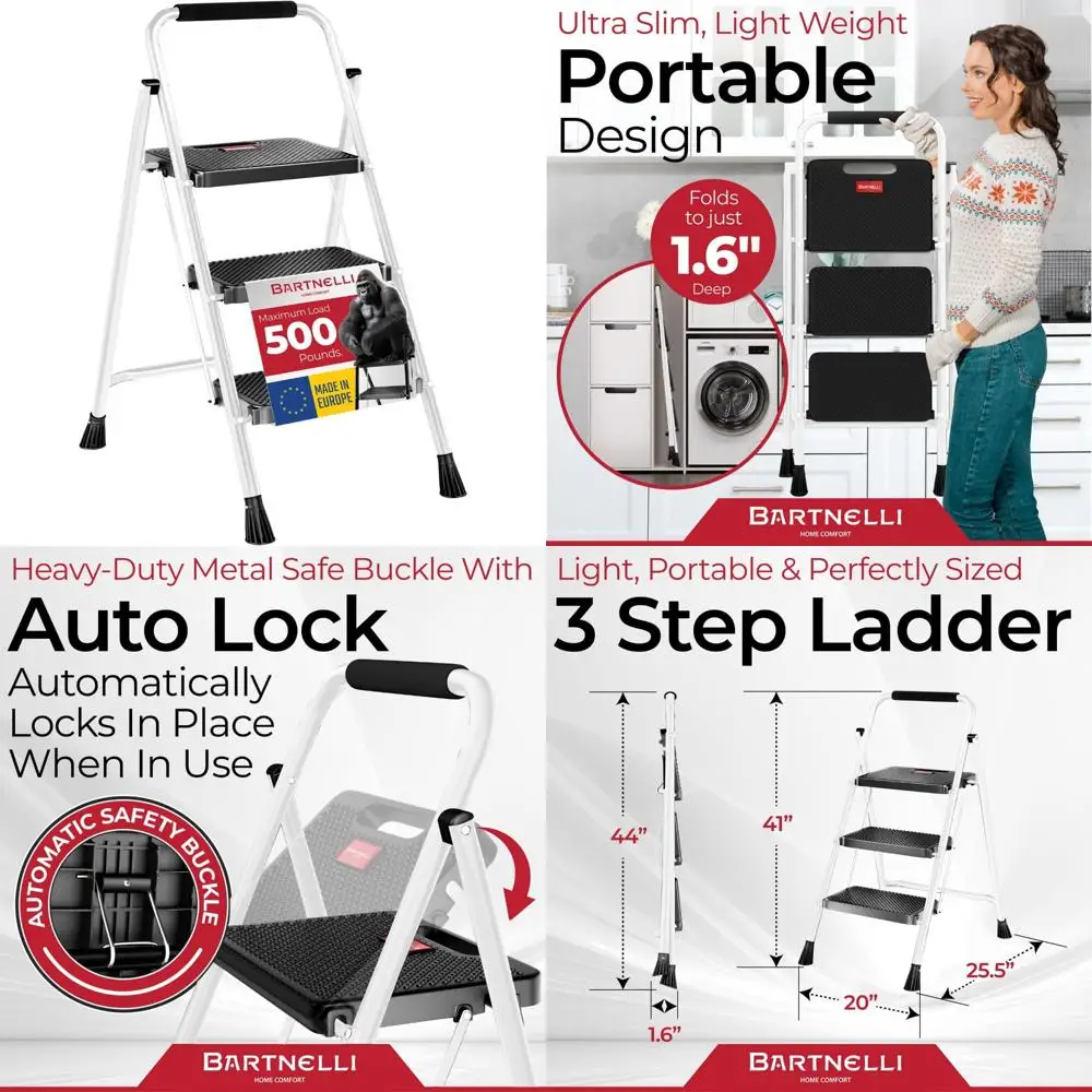 Luxury European-Made Foldable 3-Step Stool for Home Use - Strong 500 lb Capacity, Durable Design