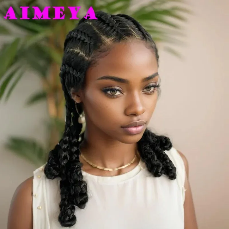 Short Black Braided Lace Wig Synthetic Full Lace Braids Wig for Black Women Natural Looking Daily Used Box Braided Wigs Updo Bun