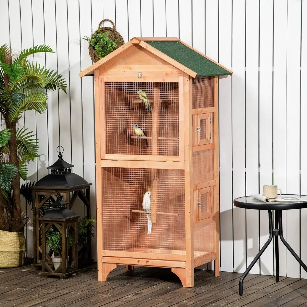 

60" Wooden Outdoor Bird Cage for Finches, Parakeet, Large Bird Cage with Removable Bottom Tray 4 Perch