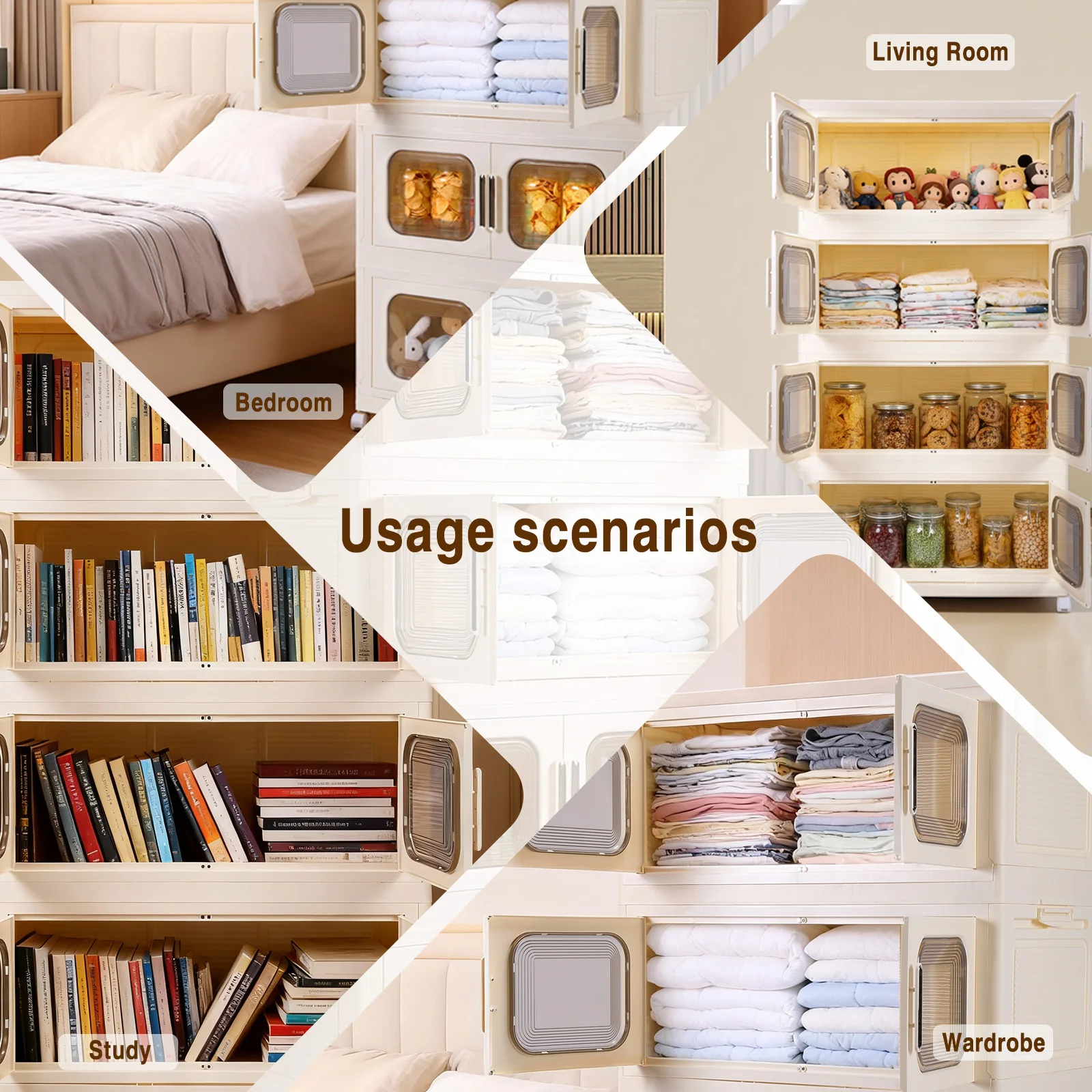 4 Pack Foldable Storage Box with Wheels and Magnetic Doors Collapsible Storage Cabinet Wardrobe Organizer and Pantry for Home