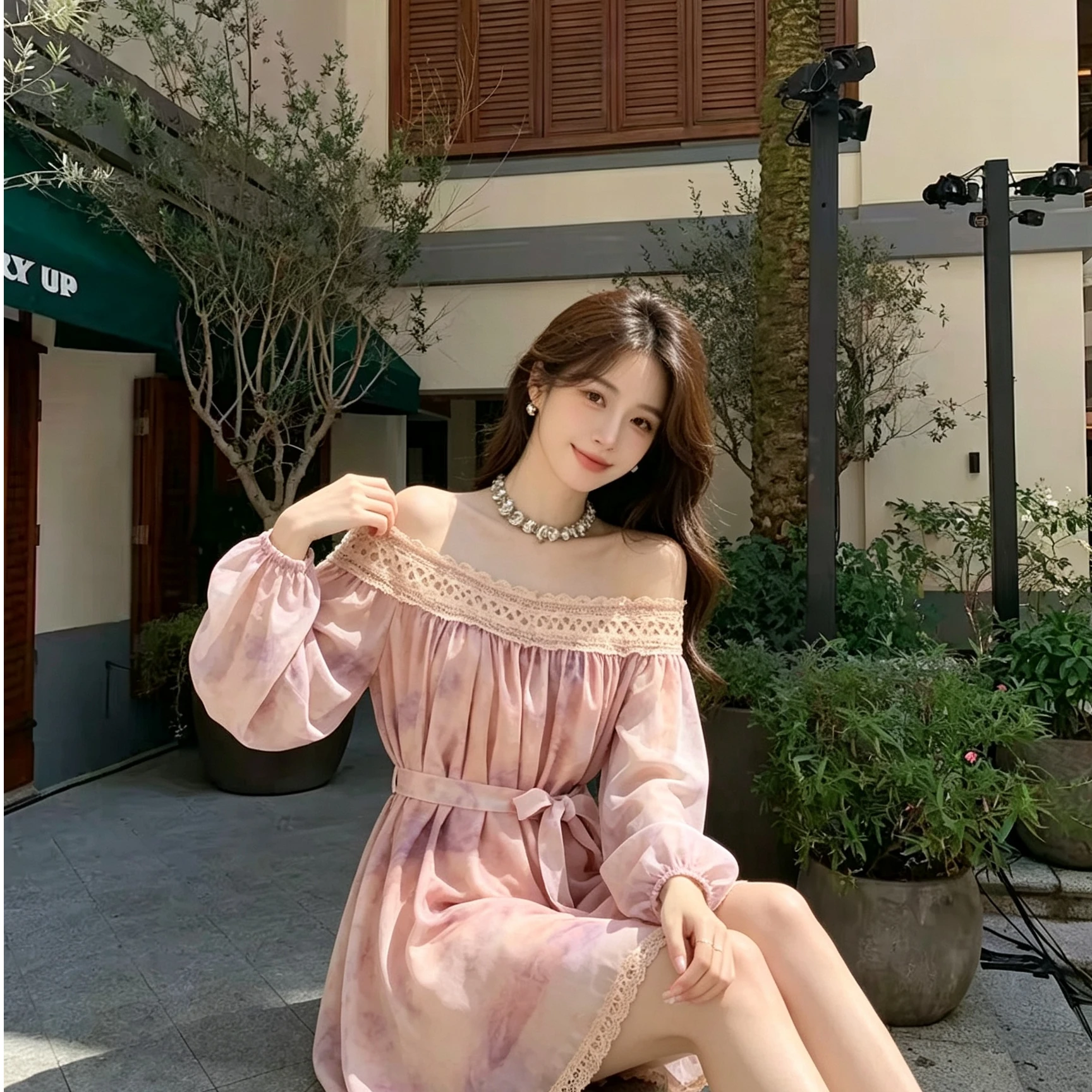 Gentle Rose Gradient Color Soft Blend One-Shoulder Dress Lace Trim Shoulder Bared Long Sleeve with Matching Belt High Waist A...