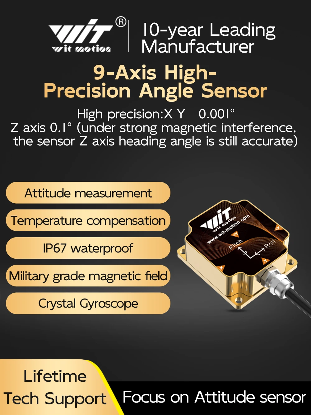 WitMotion HWT9073 AHRS IMU 3-Axis Accelerometer+Crystal Gyroscope+Magetometer, 0.001deg Accuracy with Advanced Fusion Algorithm