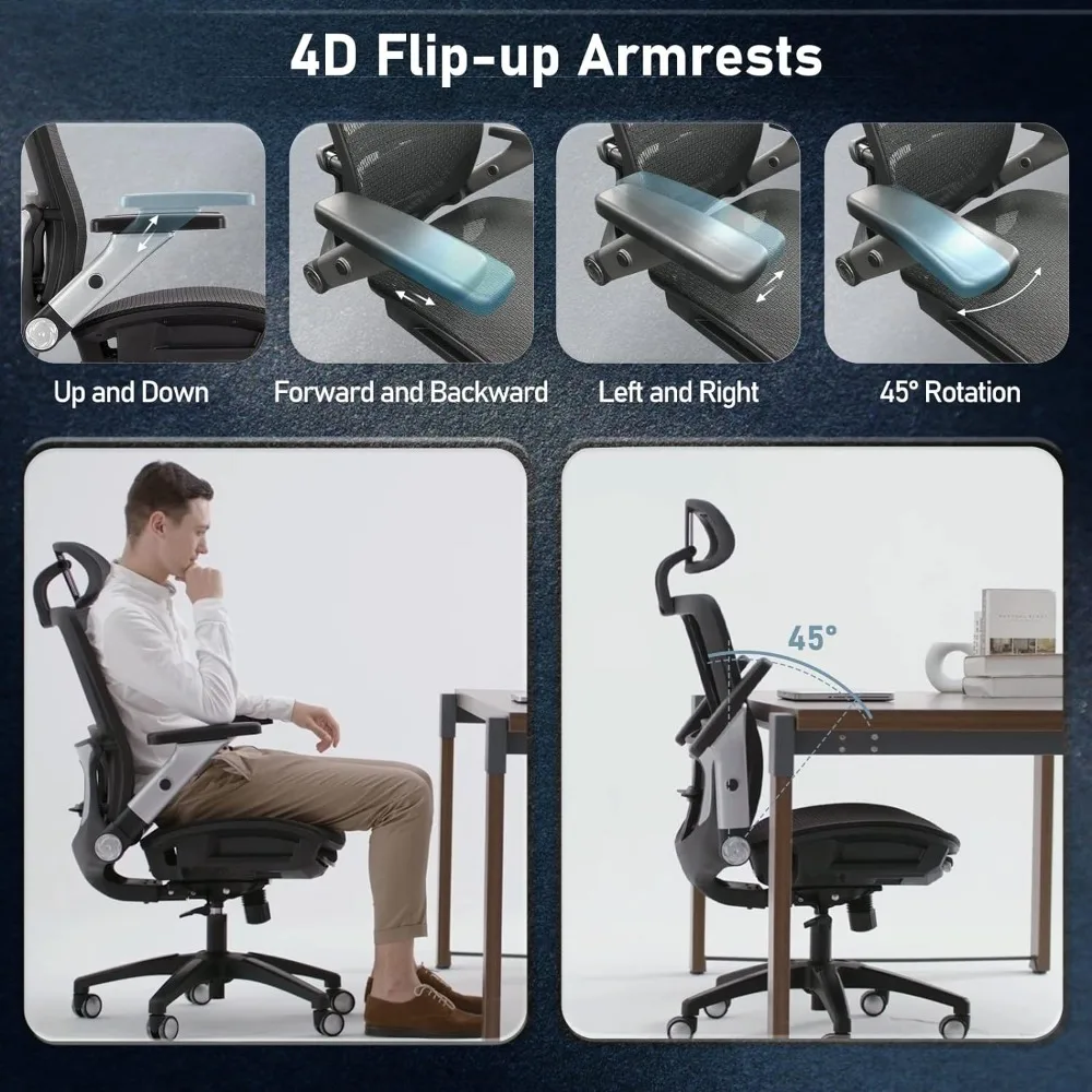 High Back Computer Executive Desk Chair With Headrest and 4D Flip-up Armrests Adjustable Tilt Lock and Lumbar Support-Black