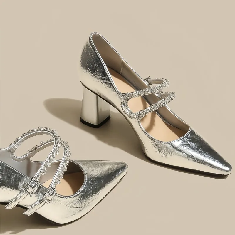 Silver Pointed Toe Rhinestone Double Buckle Block Heel Mary Jane Girls French Versatile Shallow Heel Single