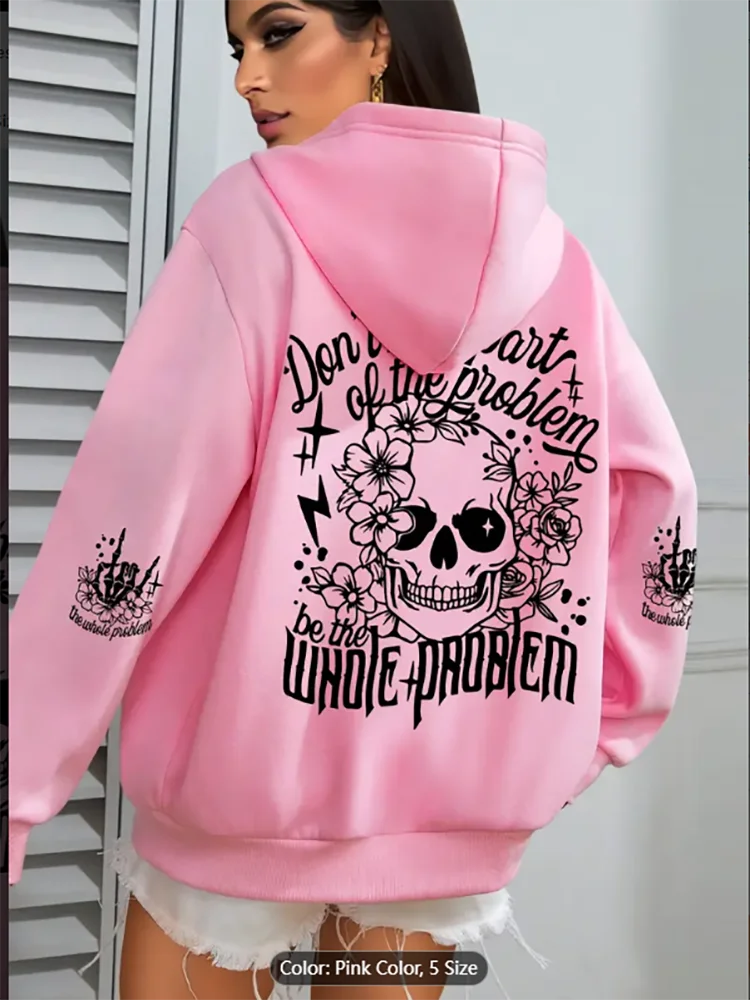 Don't Be the Problem Floral Skull Hoodie Casual Pullover with Skull Rose Design Gray Fall/Winter Style Oversized Hoodie