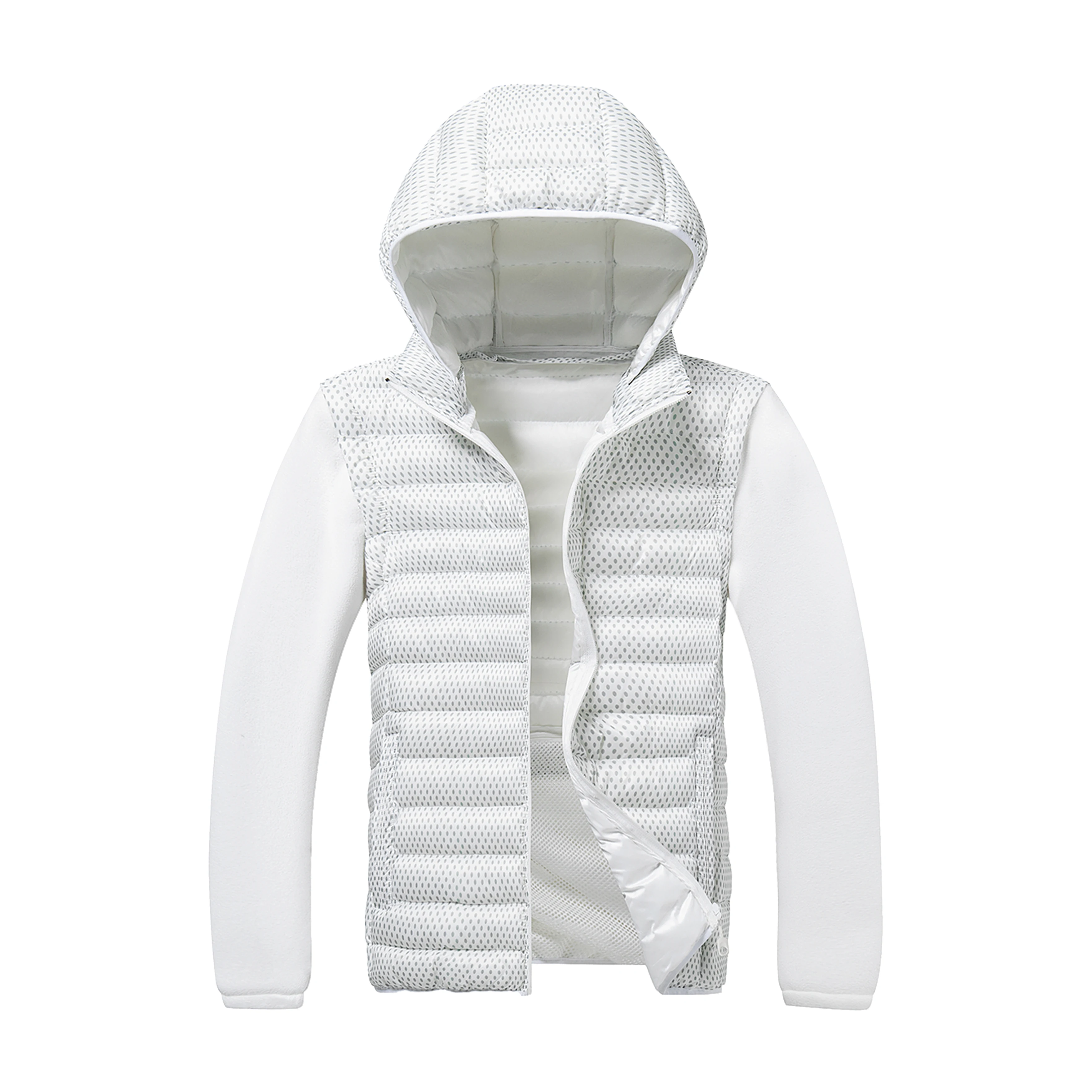 2026 New Men Hooded Light Padded Jacket White Dot Grid Stitch Fleece Spliced Foldable Portable Wind Resistant Casual Coat