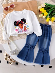2CPS Autumn New Style For Girls And Babies Daily Sweet Bubble Sleeves Girl Pattern Top + Denim Flared Trousers