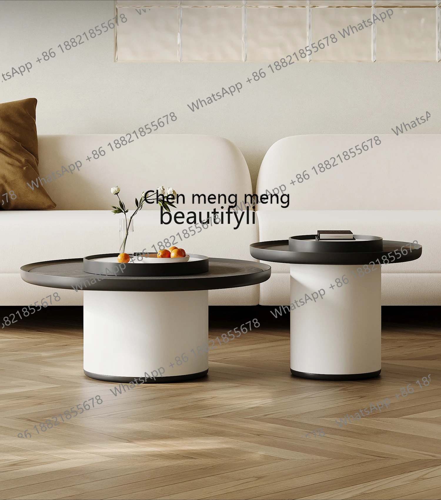 Hot sales  Italian minimalist solid wood coffee table combination round smoked veneer saddle leather living room home
