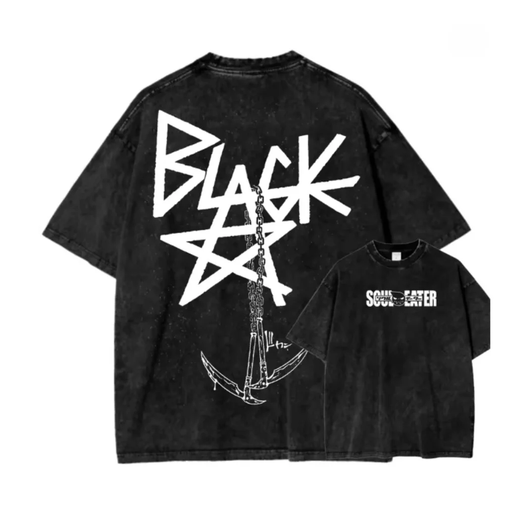 Anime Soul Eater Logo Print Washed T Shirt Harajuku  T-shirt Men Women Short Sleeve Clothing Cotton Tshirt  Tops