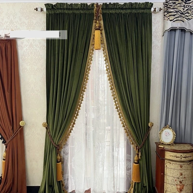 Thick olive green velvet rod pocket curtains vintage American blackout drape tassel