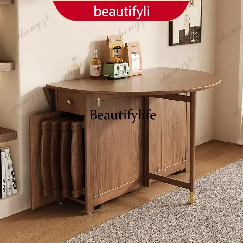 smt45 Scandinavian Solid Wood Foldable Round Dining Table Chairs Set Space-Saving Retractable Drop-Leaf Table Space Furniture JT