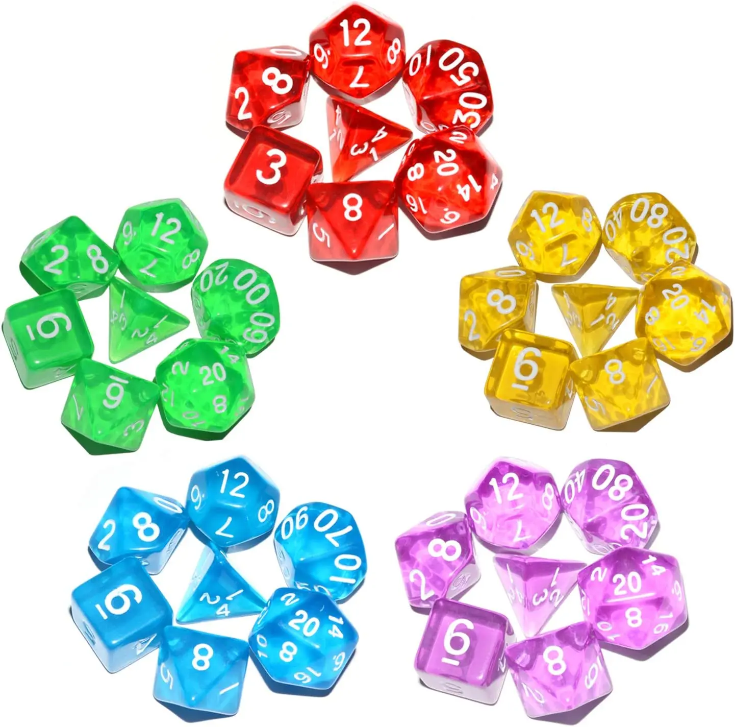 Juego de dados transparentes DND, D4, D6, D8, D10, D12, D20, efecto poliédrico para juegos de rol RPG, juego de mesa con bolsa, 7 unidades por juego