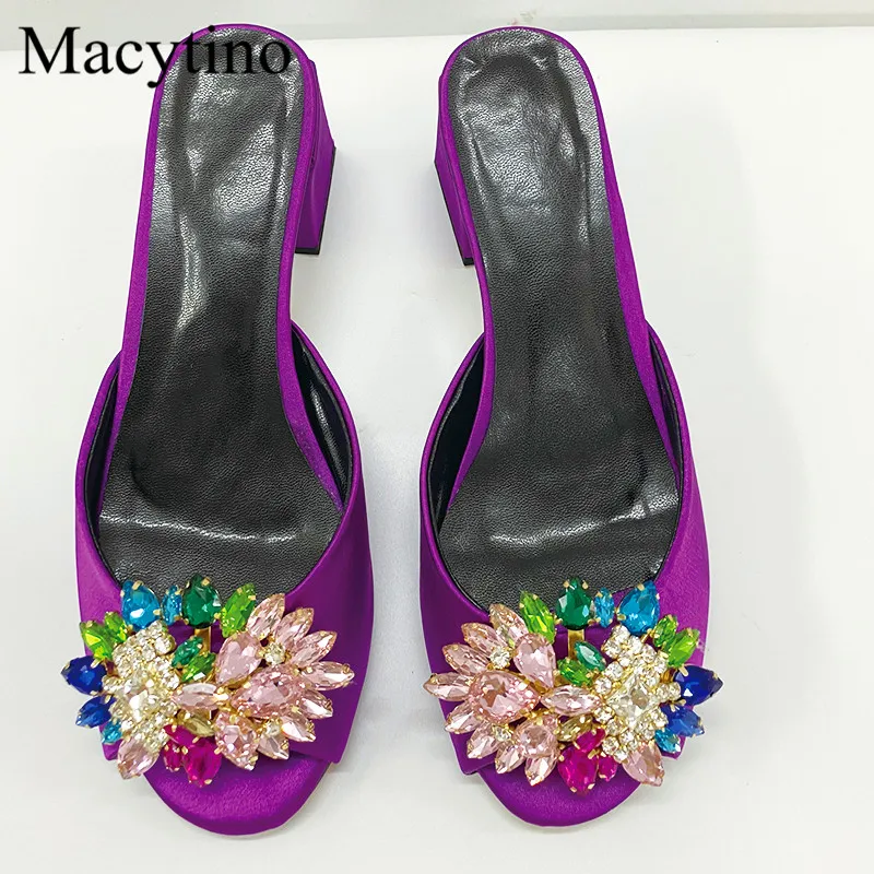 Gem Decoration Flower Design Ladies High Heel Slippers Round Toe Chunky Heel Low Heel Slippers Fashion Party Slippers