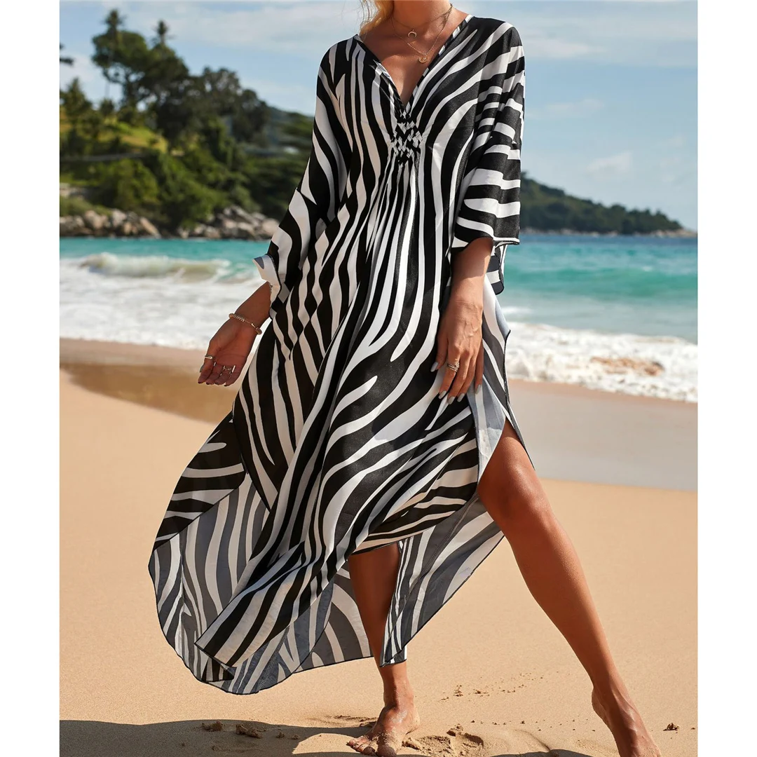 Sexy Tunika mit Zebra-Muster und V-Ausschnitt, Strandkleid, Strandmode, langes Strandkleid für Damen, V4159 – Detail 11