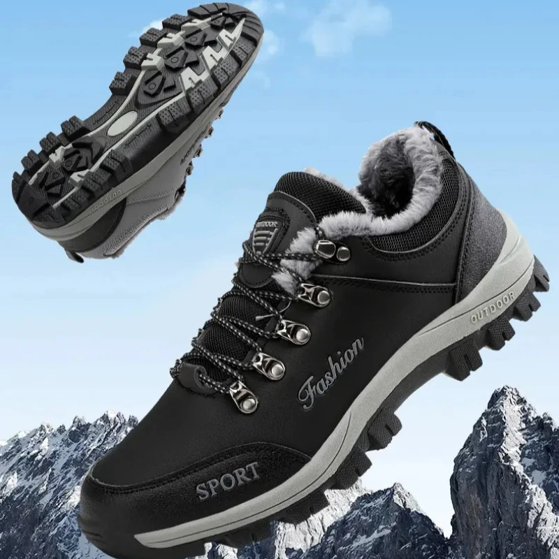 PU Leather Hiking Shoes Men Plush Warm Winter Outdoor Sneakers Anti-slip Casual Camping Trekking Shoes Size 38-45