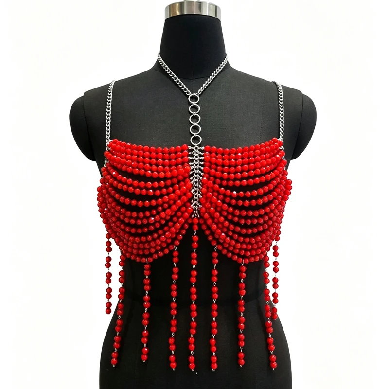 Handmade Music Festival Body Chain Outfit Female Bikini Jewelry Cover Up Sexy Crystal Bra Top Red Beaded Bralette Top