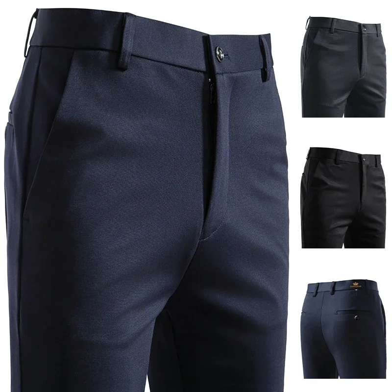 Multi Piece Option Male Formal Dress Pants Anti Crease Elastic Waist Rear Button Pocket Workplace Versatile Long Slacks