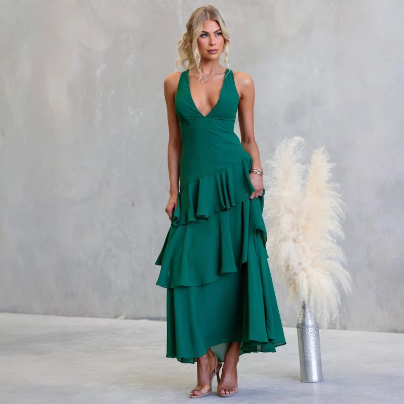 

2026 Summer New Vacation Style V-neck Solid Color Cake Splicing Long Backless Lace up Dress for Women