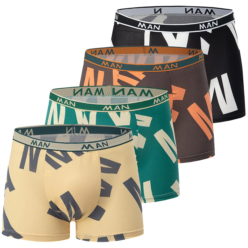 

4-piece Men's Fashionable Letter Printed Underwear Multi-color Mixed And Comfortable Boxer Shorts Youth Sports Base Beach Shorts