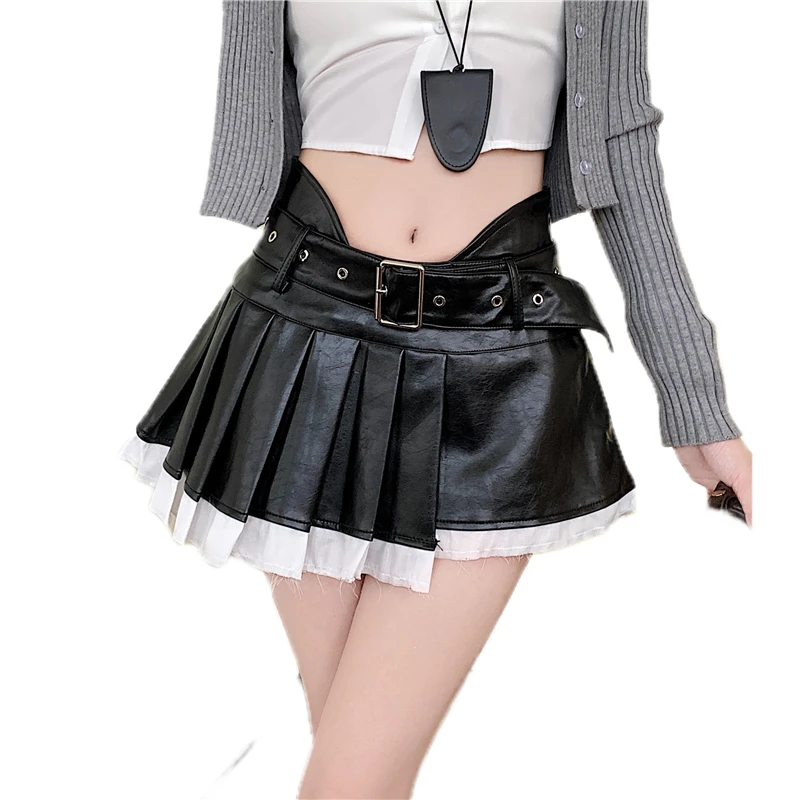 Women's Mini Pleated Skirt Korean Coquette 2000s Aesthetic Party A-line Coquette Gyaru Pu Faux Leather Design Hot High Street