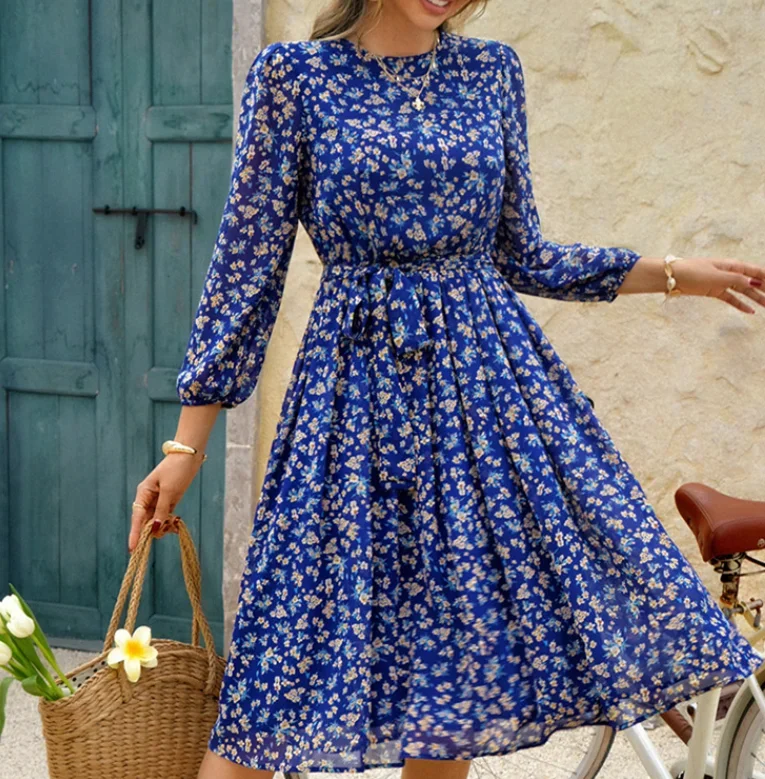 Summer Dress Woman  Floral Print O-Neck High Waisted Long Sleeved Casual Beach A-Line Chiffon Midi Dress