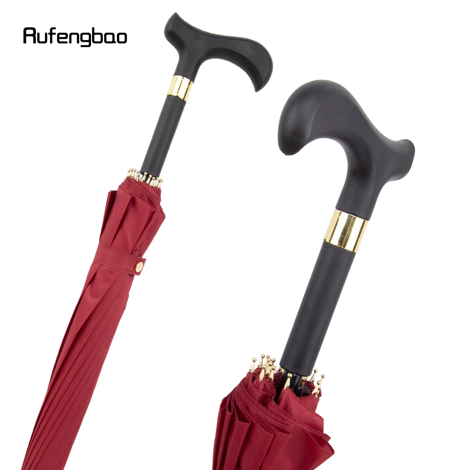 Red Automatic Windproof Cane Umbrella, Long Handle Enlarged Umbrella for Both Sunny and Rainy Days Walking Stick Crosier 86cm