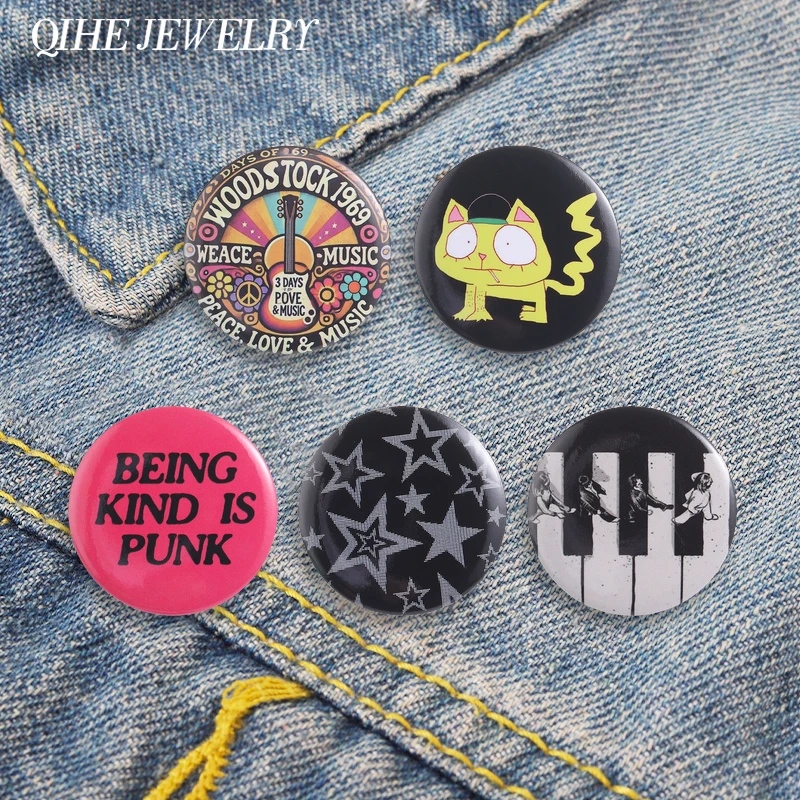 Retro Rock Band Tinplate Soft Button Pin Peace , Love & Music Flower Star Cat Brooch Shirt Lapel Badge Jewelry Gifts for Friends