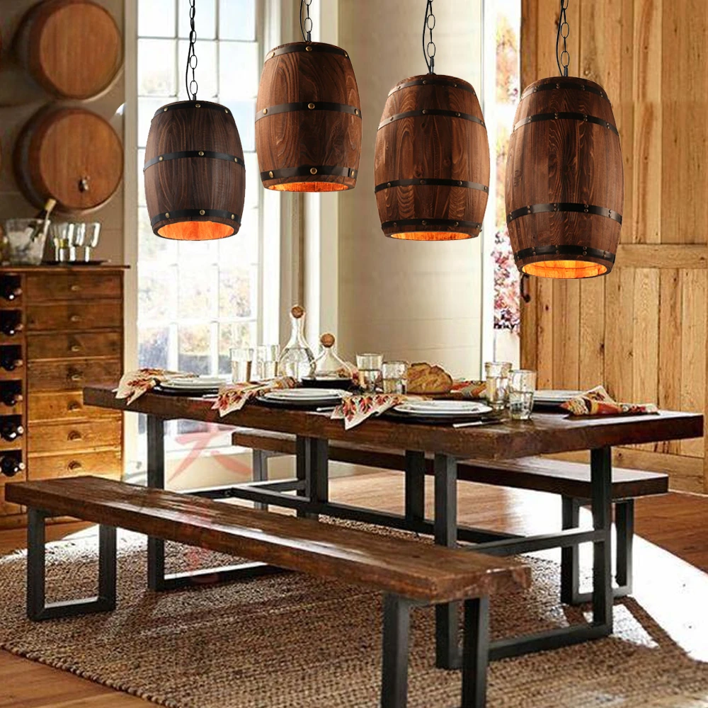 Amerikaanse Moderne Natuur Loft Hout Wijn Vat E27 Opknoping Vintage Hanglampen Voor Eetkamer Woonkamer Restaurant Café Bar