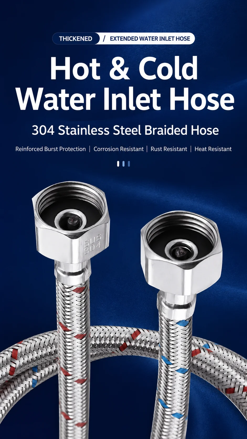 304 Stainless Steel Braided Faucet Connector Hot Cold Water Supply Hose Anti Burst for Kitchen Bathroom Sink view 3