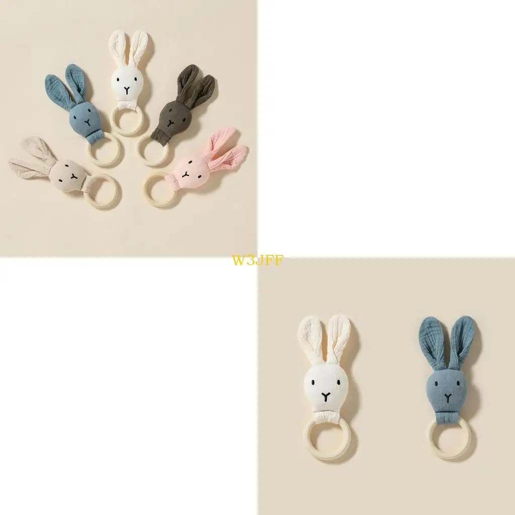 

W3JF Baby Teether Rattle Ring Long Ear Rabbit Newborn Comfort Toy for Boys Girls