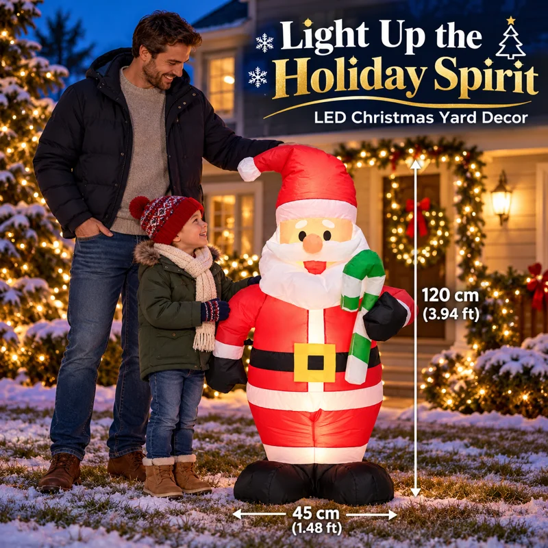 4FT Inflatable Santa Claus with Candy Cane LED Lights Christmas Outdoor Yard Garden Decor Blow Up Xmas Party Prop 1.2M Holiday