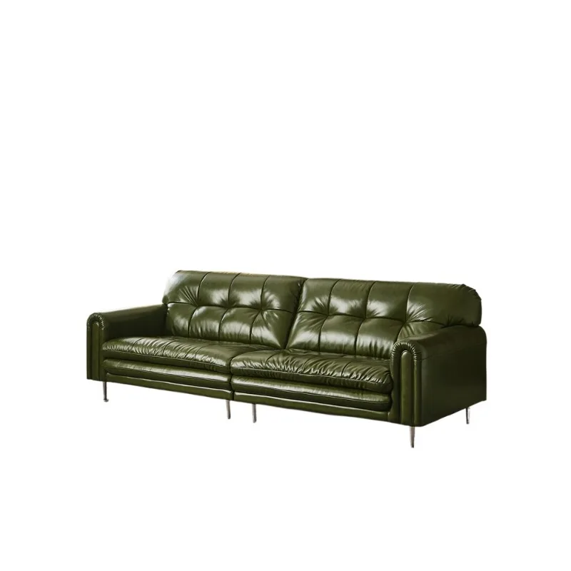 

Retro oil wax leather leather small apartment living room green straight sofa