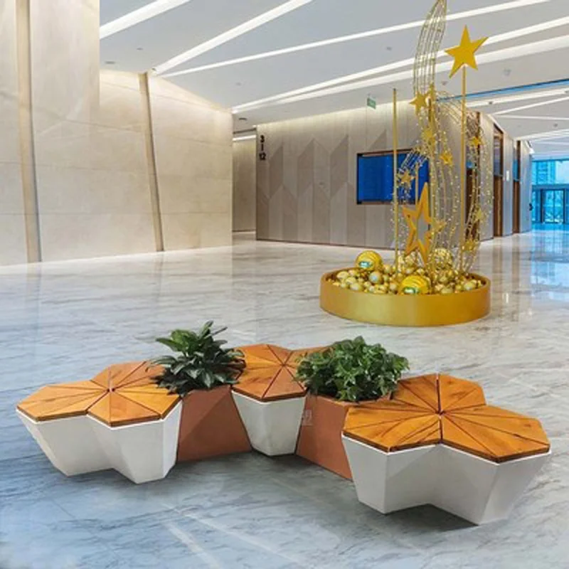 Street Benches Luxury Hotel Grade FRP With Teak Wood Seat Built In Planter Modern Artwork Design For Public Spaces