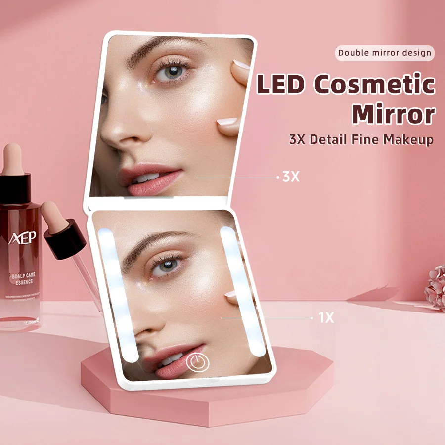 Mini LED Pocket Makeup Mirror with 3X Magnification with Eyebrow Tweezers, 3 Lighting Modes & Dimmable Light Portable Handheld