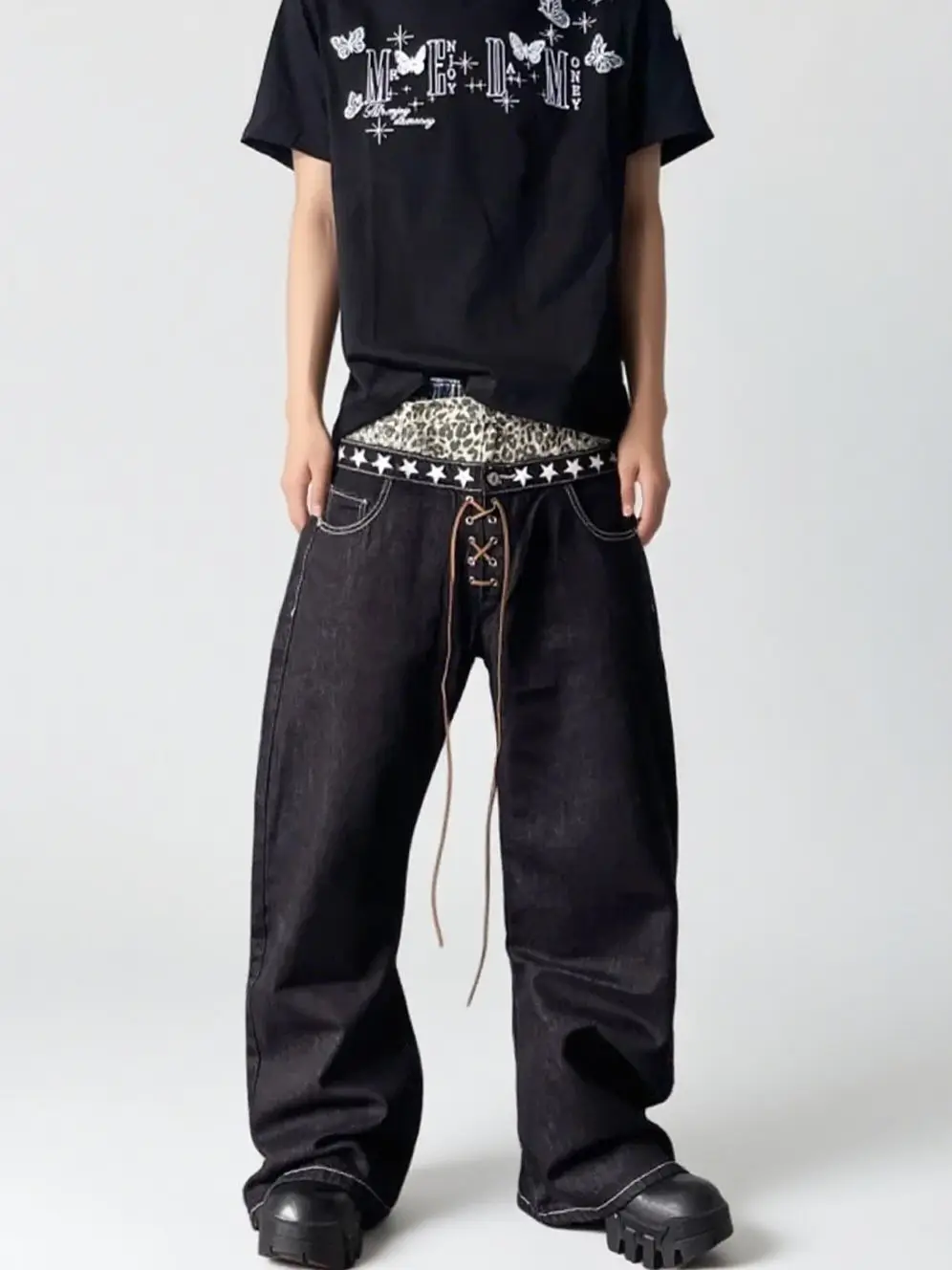 Leopard Print Splicing Fake Two-piece Men's Jeans Fashion Street Style Pants Wide Leg Male Trendy Casual Streetwear Trousers