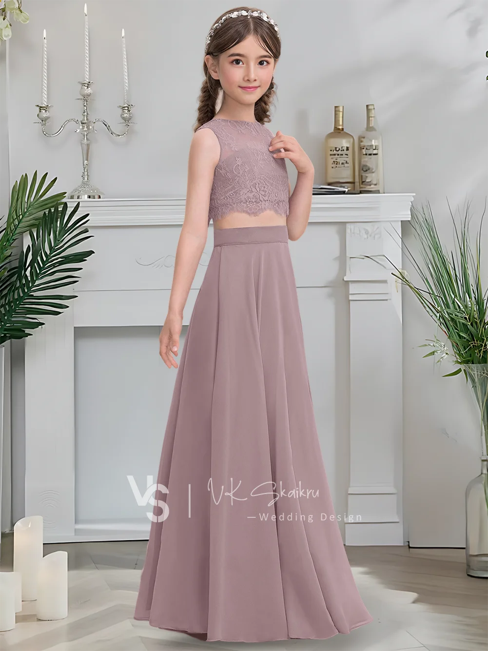 Elegante vestido de dama de honor junior de encaje de gasa hasta el suelo con escote redondo, sin mangas, 2 uds., vestido de niña de flores para bodas de verano