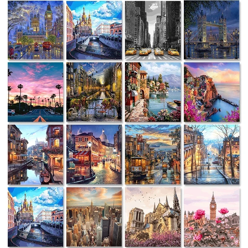 City Landscape Painting By Numbers For Adults DIY Kits HandPainted On Canvas With Framed Oil Picture Drawing Coloring By Number