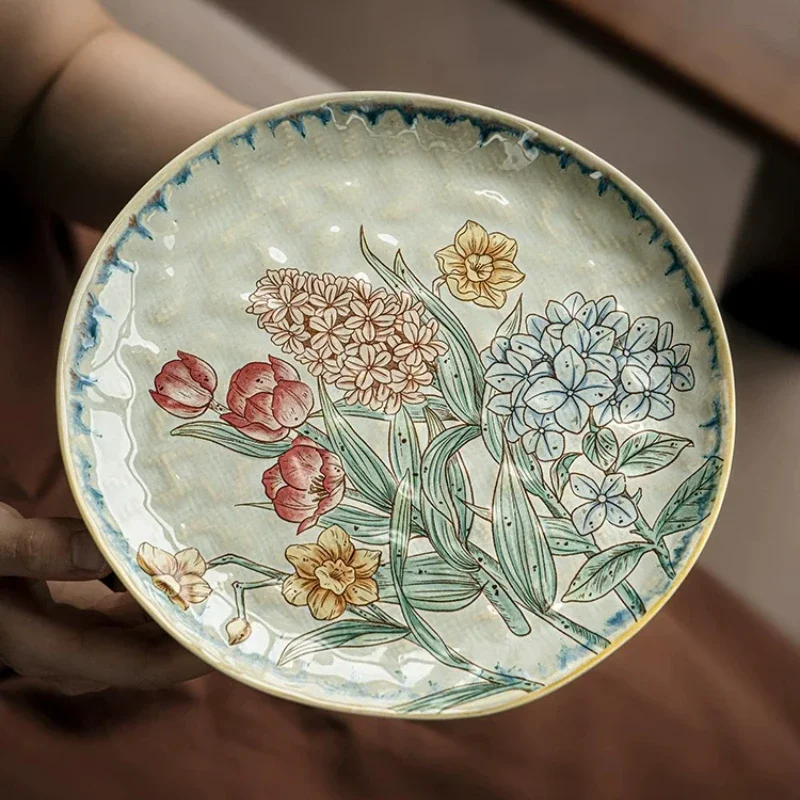 Elegant Retro Floral Pattern Water Ripple Ceramic Plates Exquisite Steak Dessert Serving Plates Household Tableware Supplies