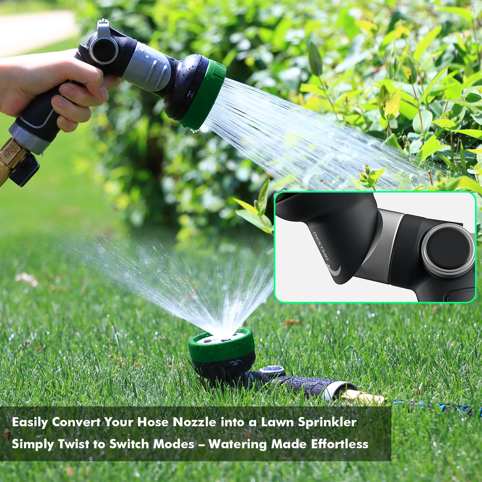فوهة خرطوم الحديقة 2 في 1، فوهة خرطوم مياه معدنية شديدة التحمل مع 4 أنماط رش، تويست سحري والتحكم في تدفق الإبهام