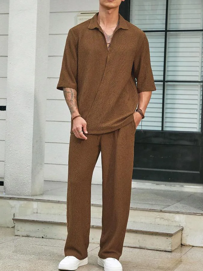 Summer Men\'s Set Half Sleeved Shirt and Long Pants Two-piece Turn-down V-neck Casual Streetwear Holiday Loose Suit Hot Sales