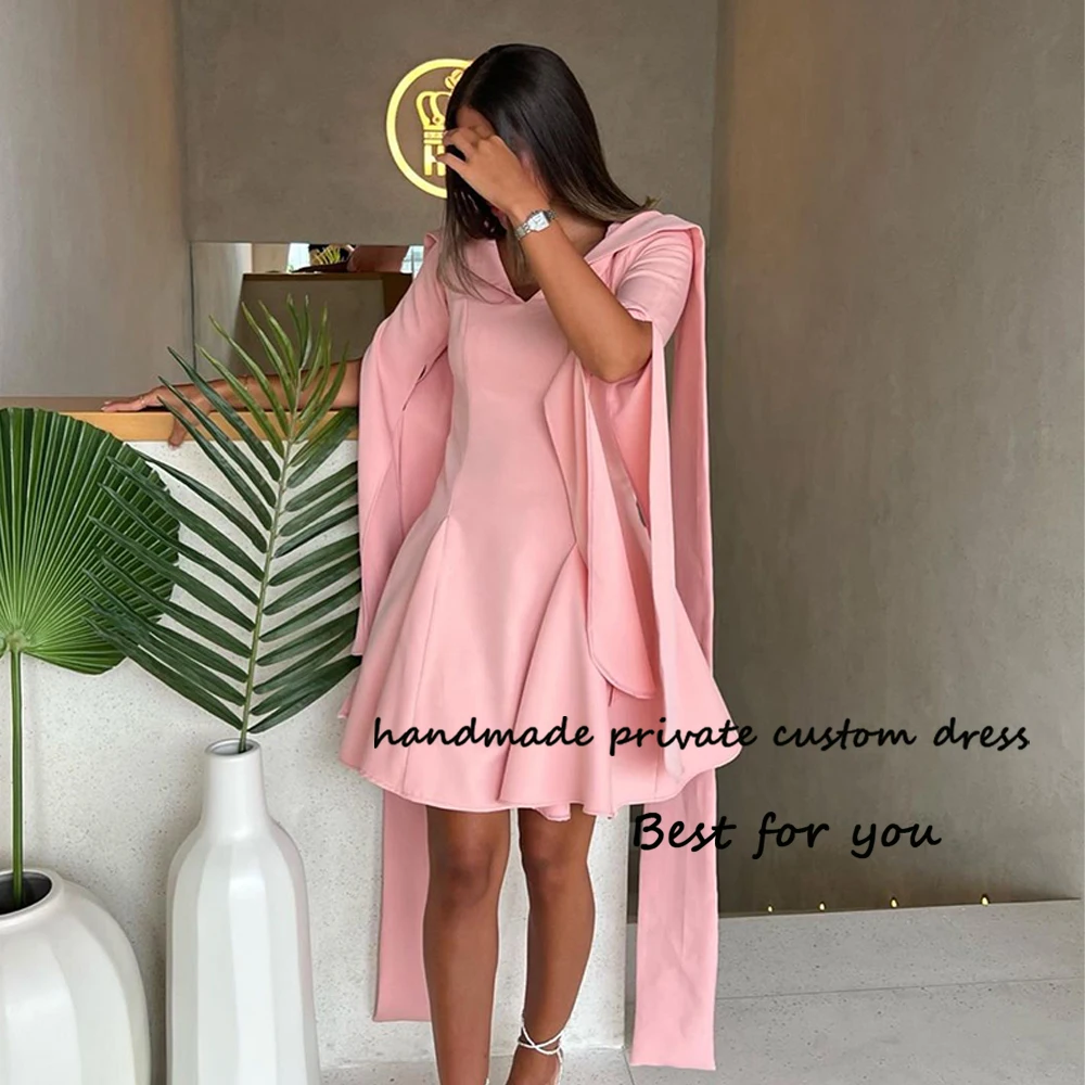 

Pink Mermaid Short Evening Dresses for Women V Neck Spandex Satin Formal Prom Dress with Sleeve Arabian Dubai Evening Gown