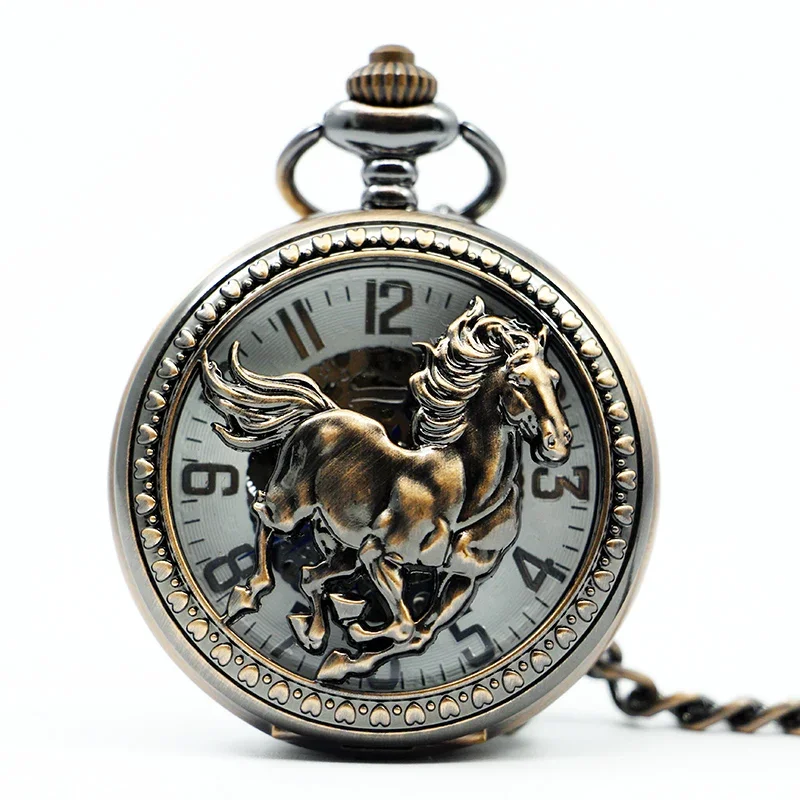 

Classic Rose Gold Engraved Horse Skeleton Mechanical Watch For Men High Quality Vintage Charm Hand-winding Mens Pocket Watches