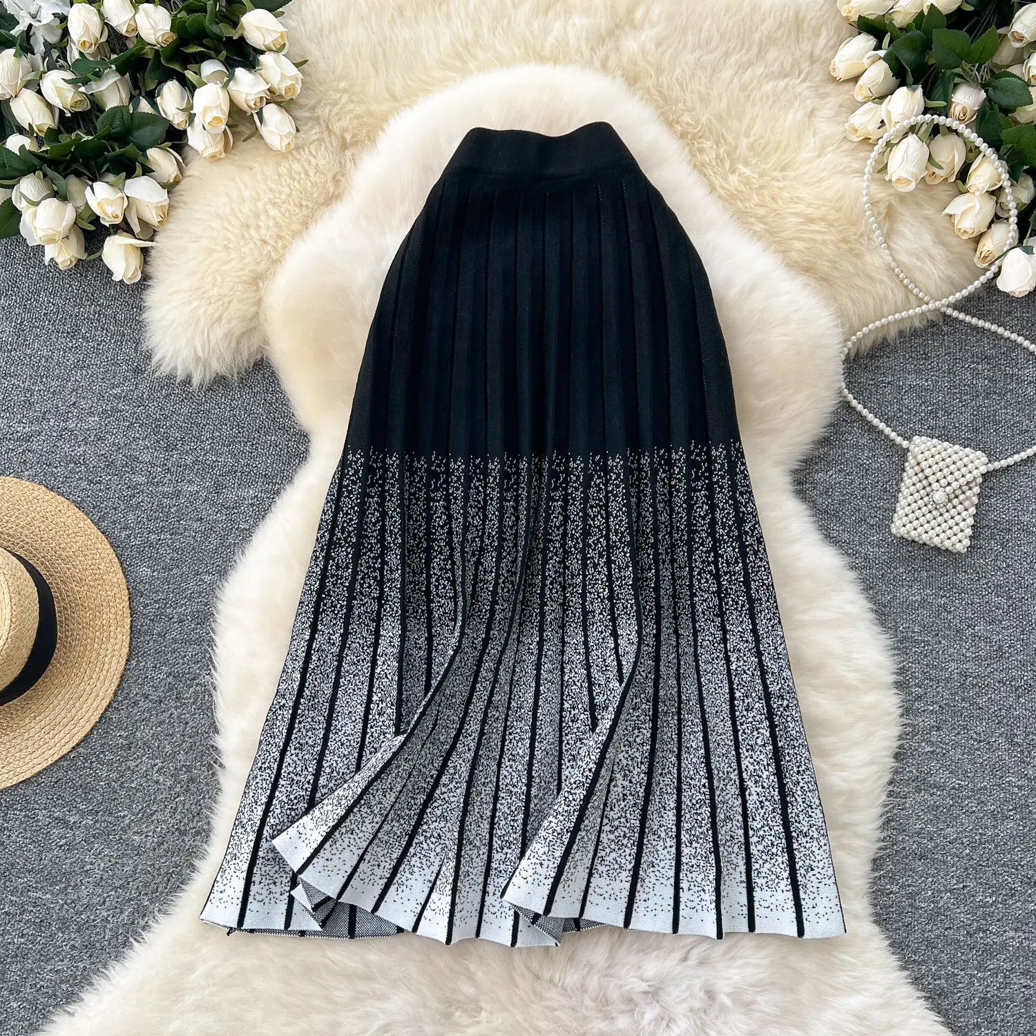 النساء الصلبة مطوي التنانير الكاحل طول التدرج تنورة محبوك خط مرونة الخصر فضفاضة تناسب أنيقة عادية 2025 ربيع الخريف #1