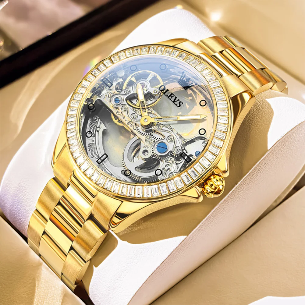OLEVS Luxury Brands Diamond Bezel Automatic Fashion Women's Watches Stainless Steel Skeleton Mechanical Clock Elegant Ladies