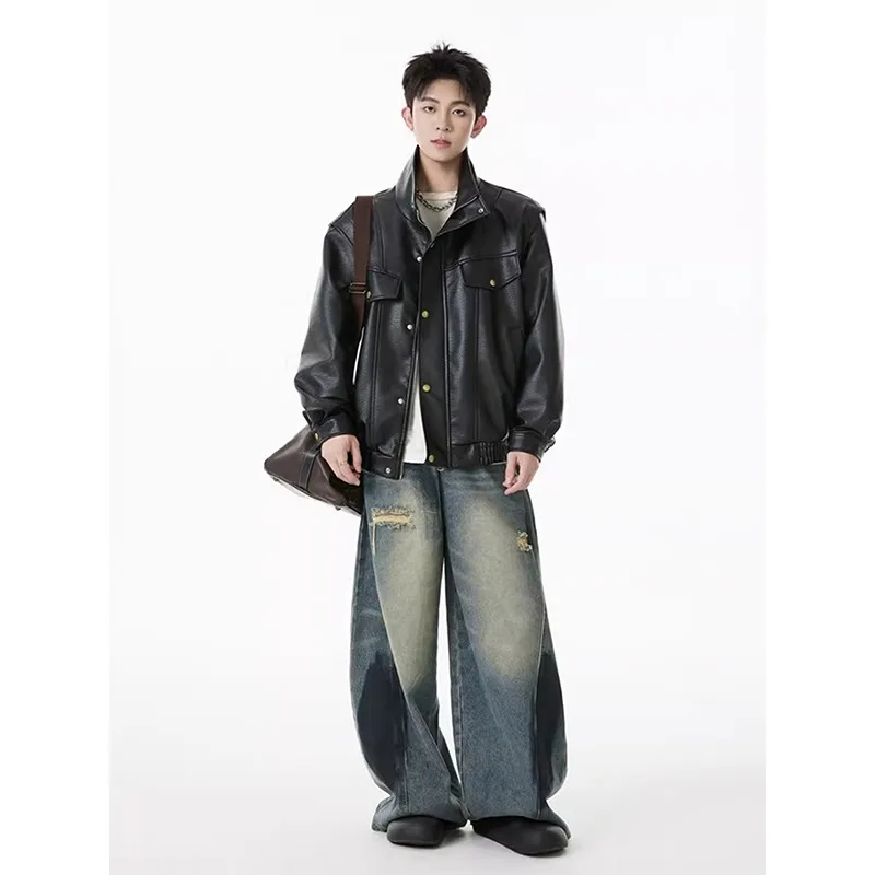 

Мужская куртка Harajuku из искусственной кожи, ветрозащитная, теплая, в стиле летного костюма, весна-осень, приталенный крой, с деталями